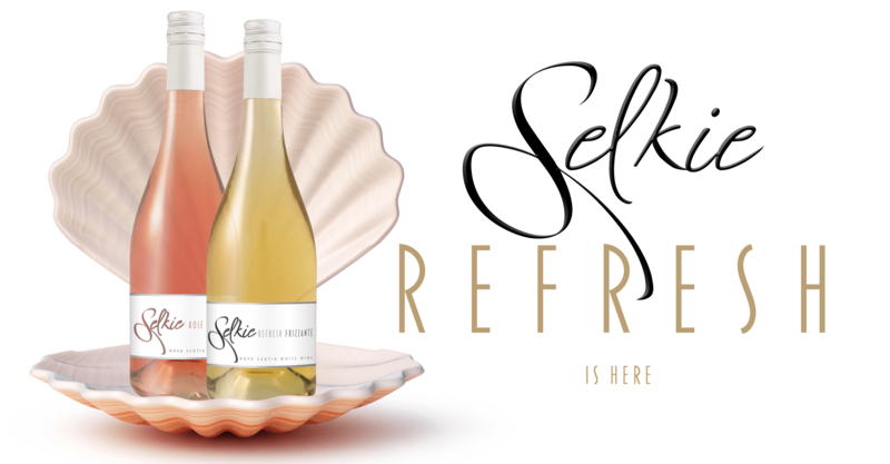 Bottle of Selkie Rosé and Selkie Refresh on an oyster shell similar to the Birth of Venus. Test reads: Selkie Refresh is here