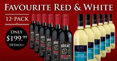 Favourite Red & White 12-Pack ~ Includes Great Big Friggin' Red 750ml x 6 and Jost L'Acadie Pinot Grigio 750ml x6