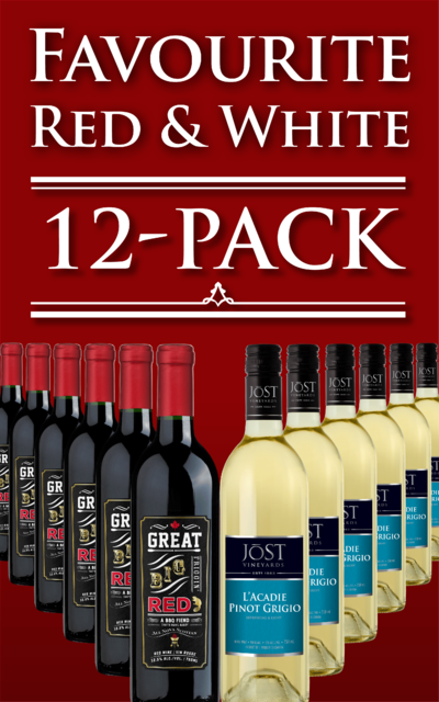 Favourite Red & White 12-Pack ~ Includes Great Big Friggin' Red 750ml x 6 and Jost L'Acadie Pinot Grigio 750ml x6