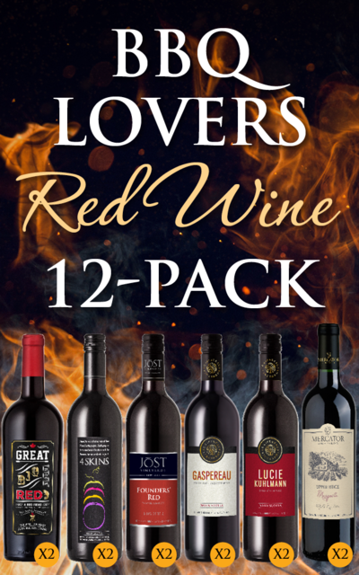 BBQ Lovers Red Wine 12-Pack includes Jost 4Skins 750ml (x2), Great Big Friggin' Red 750ml (x2), Jost Founders' Red (x2), G