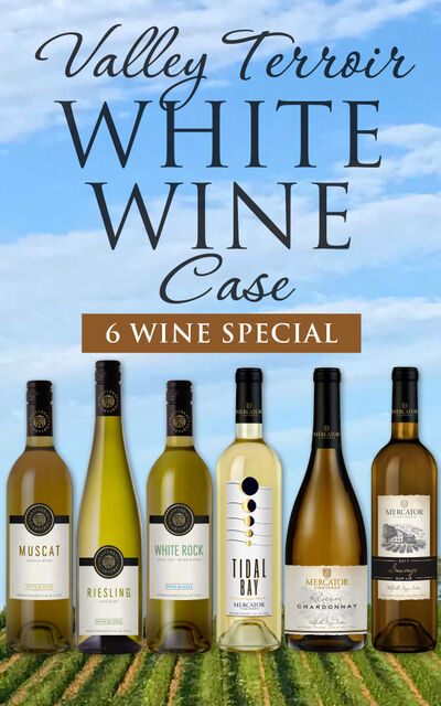Valley Terroir White Wine Case. Gaspereau Vineyards Muscat, Riesling, White Rock. Mercator Vineyards Tidal Bay, Reserve Chard
